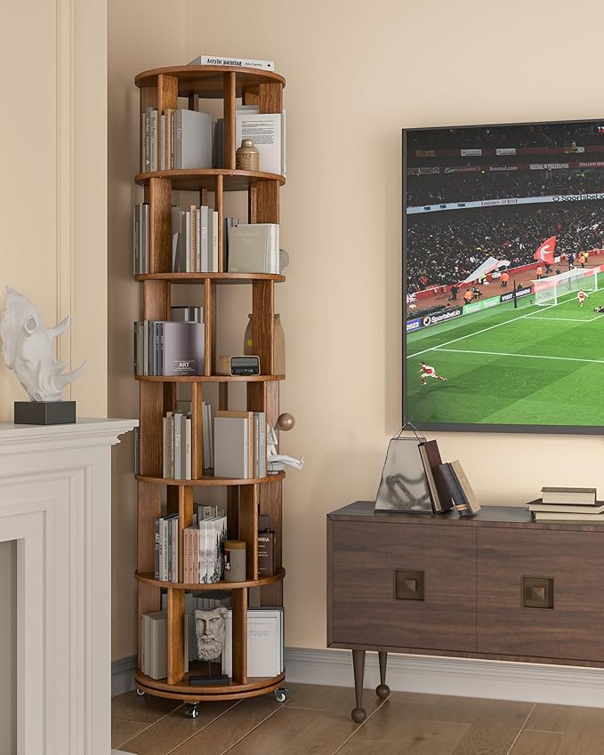 6 Tier Solid Wood Rotating Bookshelf on Wheels, 360° Spinning Book Shelf Tower, Round Revolving Bookcase Organizer, Rolling Bookshelves for Small Spaces, Corner, Bedroom, Kids Room, Office — Walnut