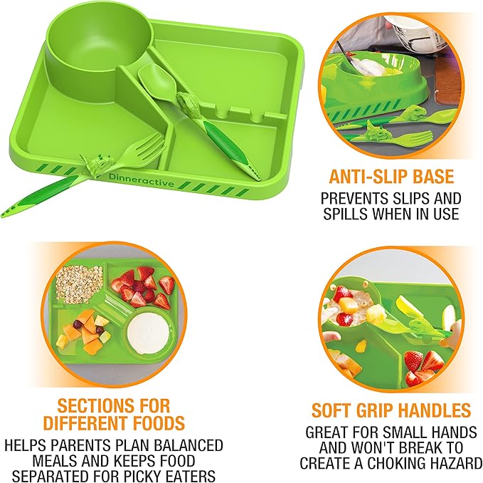 Dinneractive Dining Set For Kids - 3PC Green Dinosaur Dinnerware - Dinosaur Utensils - Toddler Plates - Baby Dishes