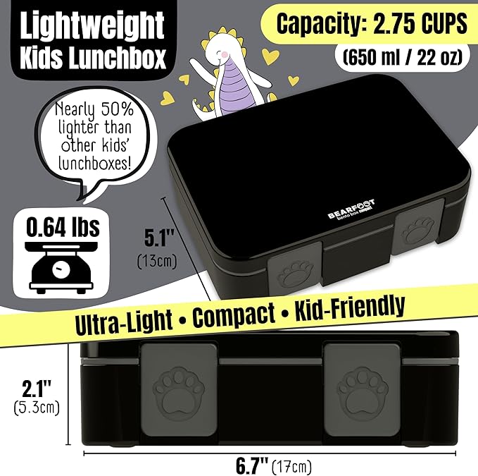 BEARFOOT Kids Lunch Box with Compartments – Compact & Lightweight | Leak-Proof, BPA-Free, Dishwasher & Microwave Safe | Hand-Drawn Design for Preschool, School, Travel (Black, 2.75 Cups)