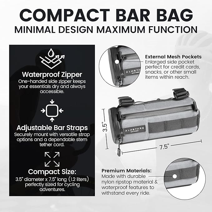 Compact Bar Bag – Sterling Silver | Hard-Shell Bike Handlebar Bag with Waterproof Zipper & Adjustable Straps | Lightweight Bicycle Handlebar Bag, Compatible with Road, Gravel & MTB Bikes