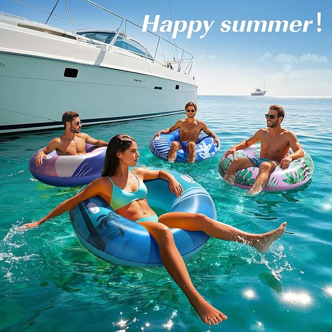 HeySplash Pool Tubes for Adult, 42 Inch Large Pool Floats with Handles, Inflatable Swim Rings Lounge, Hawaii Fun Swim Floaties Swimming Pool Beach Lake River Party Decoration Toys, Blue Green Beach