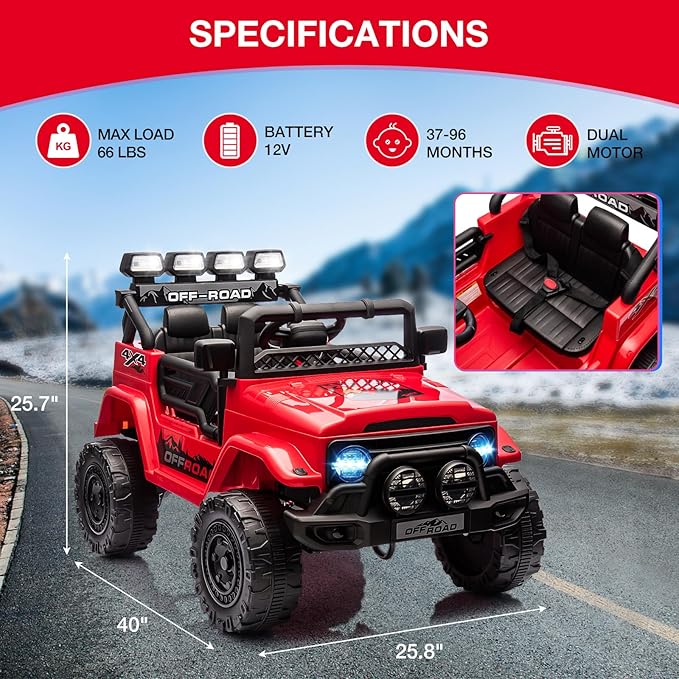 Ride On Truck Car 12V, Electric Vehicle w/Remote Control, 3 Speeds, LED Lights, Music, Spring Suspension, Ride on Car for Kids