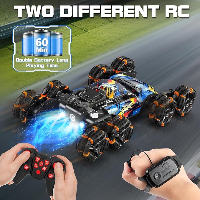 8 Wheels Hand Controlled RC Stunt Car Toys for Kids Ages 6 7 8-12 13 14 Year Old - 2.4Ghz Gesture Sensing Remote Control Cars for Boy Girl Birthday - Cool Spray & Lights & Music Climbing Stunt