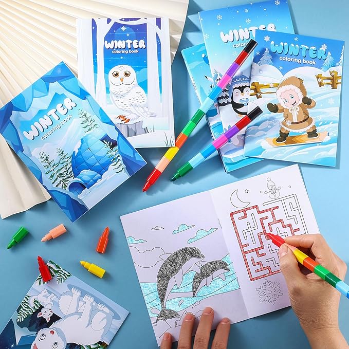 BenLouis 12 Winter Mini Coloring Books Kids with 12 Stacking Crayons Polar Animals Party Favors Small Activity Books Bulk for Kids Winter Holiday Party Gift Goodie Bag Stuffers