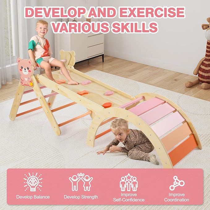Pikler Triangle Set with Cushion, 7 in 1 Climbing Toys for Toddlers Inside, Montessori Foldable Climbing Set, Wooden Climbing Toys Indoor with Arch, Ramp and Ladder(Bear)