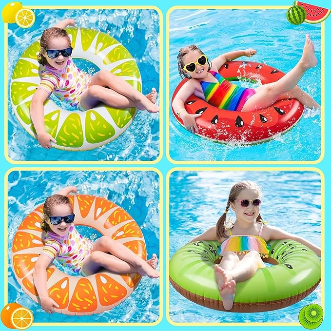 90shine 2PCS Fruit Pool Floats: Watermelon Lime Swimming Rings - Inflatable Tubes Floaties Toys for Kids Adults