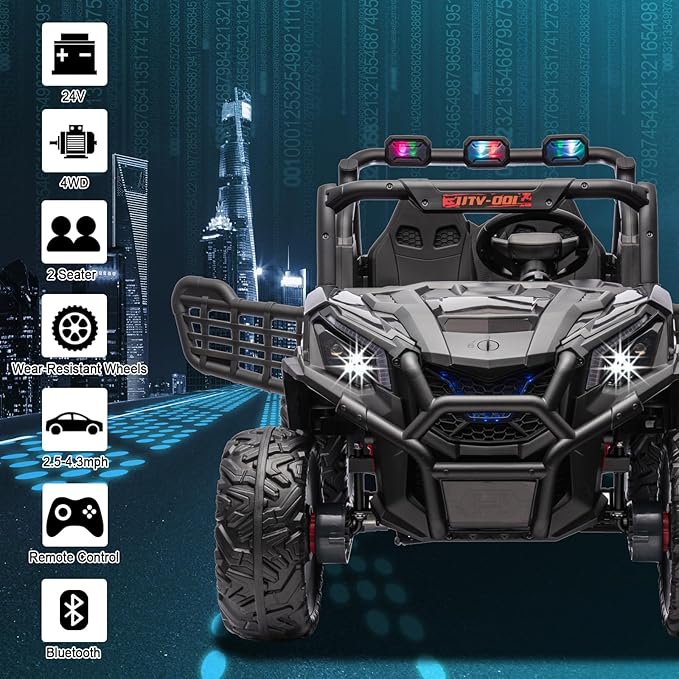 24V 2-Seater Ride On Car, Side by Side Kids Ride On Truck with Remote Control, Battery Powered Electric Car for Kids, Off-Road Ride On Truck with Bluetooth, Black