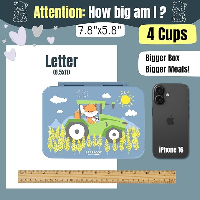 BEARFOOT Kids Lunch Box with Compartments – Compact & Lightweight | Leak-Proof, BPA-Free, Dishwasher & Microwave Safe | Hand-Drawn Design for Preschool, School, Travel (Tractor Fox Blue, 4 Cups)