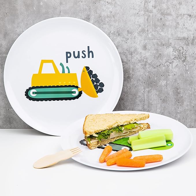 Tiny Expressions - Construction Plates for Toddlers - Set of 4 Melamine Plates for Kids - Excavator, Cement Mixer, Bulldozer, and Dump Truck - Fun Plastic Dinnerware for Kids
