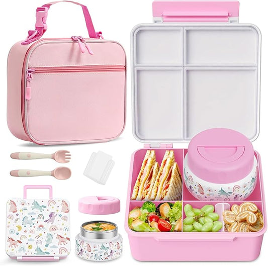 Bento Box for Kids with Thermo Food Container (9oz), 4-Compartment Lunch Box, Adjustable Divider, Leakproof Bento Lunch Box, Includes Utensils & Carry Bag for School, Office(White-Horse)