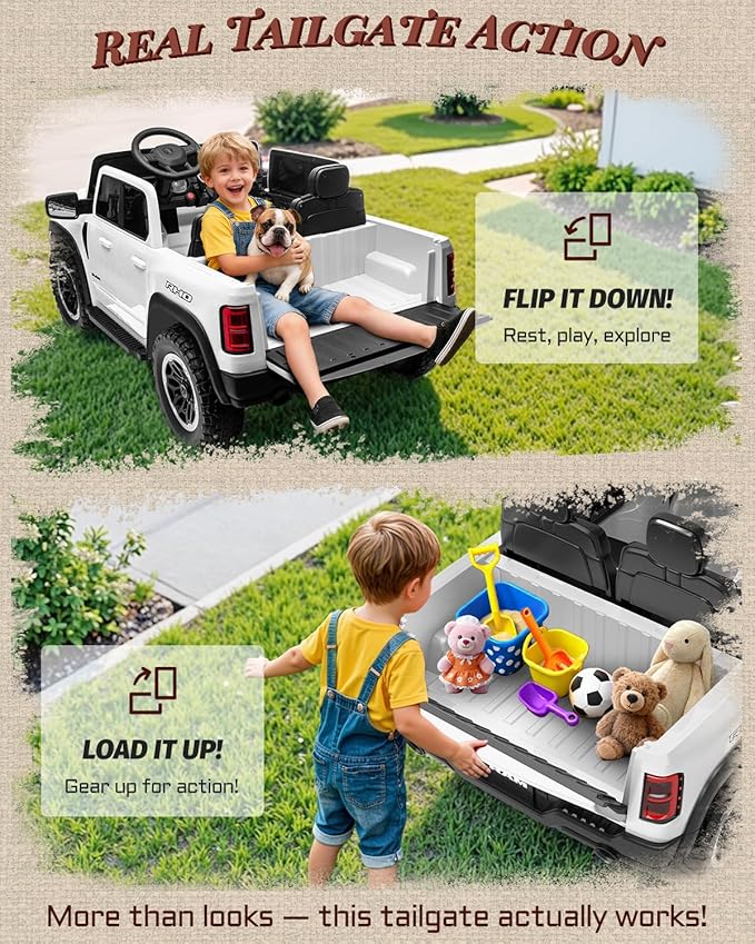 2 Seater Electric Car for Kids, Licensed RAM 1500 RHO 24V Ride on Truck w/Remote Control, Toddler Ride on Toys w/Bluetooth, LED Lights, Spacious Truck Bed, Gear Shifter & Soft Start (White)