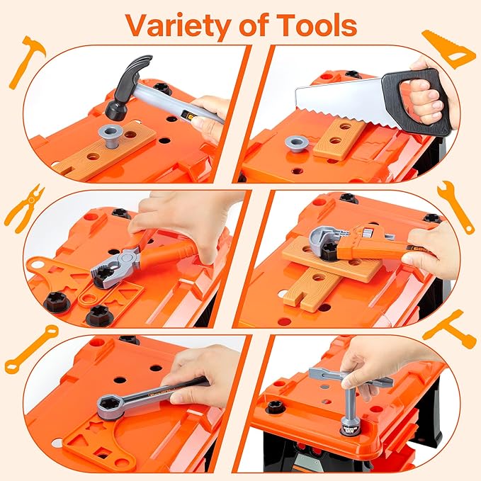Kids Tool Bench-Zealous 79pcs Transformable Set, Toddler Workbench Toy with Electric Drill, Pretend Construction Playset for Boys Girls Age 3+, Orange & Black, HB3222-3