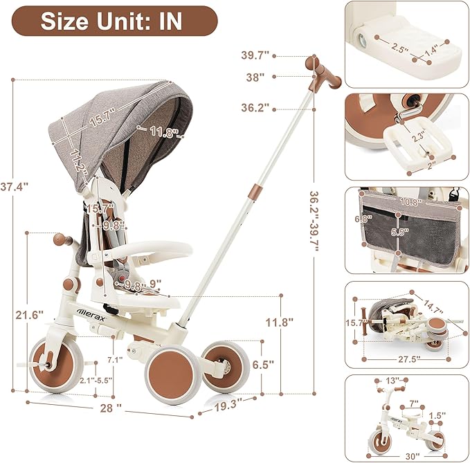 Merax 7-in-1 Foldable Toddler Tricycle Removable Pedal, Canopy and Guardrail Adjustable Push Handle