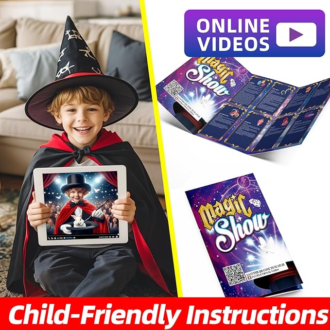 Magic Tricks Kit, 30 in 1 Magic Tricks Set for Kids Age 6 7 8 9 10 11 12, Magician Costume for Pretend Play & Step-by-Step Video Instruction for Beginners, Christmas Halloween Birthday Gifts for Kids