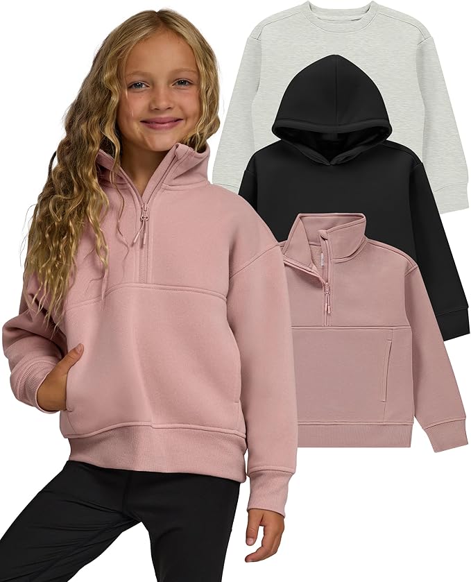 PURE CHAMP Girls Sweatshirt 3 Pack Hoodies for Teen Girls Crewneck Sweatshirt Quarter Zip hoodies Fleece Sizes 4–16 Clothing