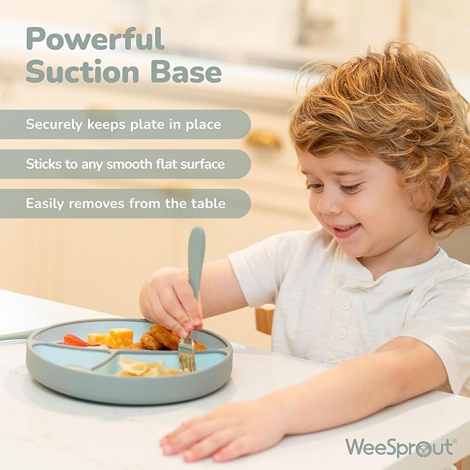 WeeSprout Silicone Suction Plate - Two-Tone Baby Plate with Suction Cup - Sectioned Divided Dish for Kids, Infants, Toddlers - Food-Grade Silicone Dinnerware (Sky/Matte Green)