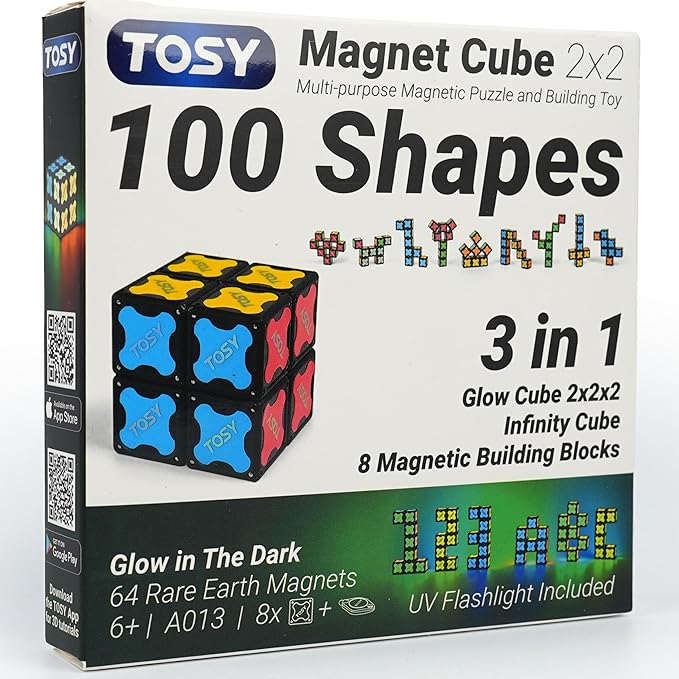 TOSY Magnet Cube 2x2 - 8 Blocks, 2in1 Toy: 2x2x2 Puzzle Cube and Customizable Infinity Cube, Glowing, Christmas Stocking Stuffers Gift for Kids/Grandkids, UV Flashlight, Sensory/STEM Toy