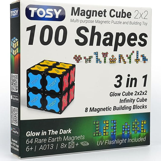 TOSY Magnet Cube 2x2 - 8 Blocks, 2in1 Toy: 2x2x2 Puzzle Cube and Customizable Infinity Cube, Glowing, Christmas Stocking Stuffers Gift for Kids/Grandkids, UV Flashlight, Sensory/STEM Toy