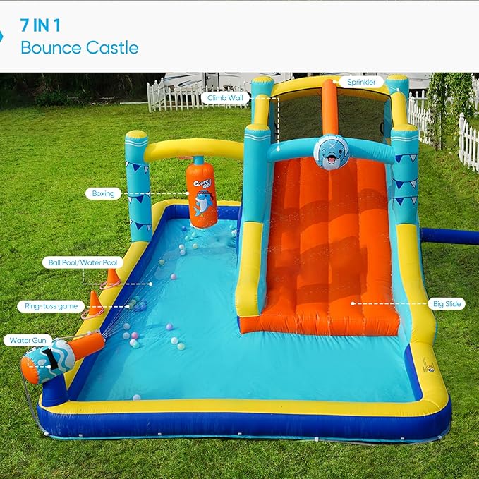 TABU Bounce House with Slide, Inflatable Castle with Splash Pool Water Cannons, Outdoor/Indoor Bouncy House with Air Blower, Ball Pit, Boxing, Climbing Wall, for Kids Aged 3-12(187.2x112x73.2IN)