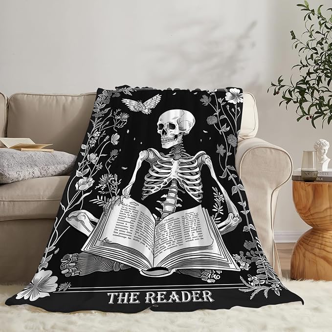 Reading Throw Blanket Ultra Soft Cozy Funny Skeleton Read Book Blanket Fleece Fuzzy Plush Skull Reading Lovers Reader Librarian Decor Gifts for Women Girls Adults Couch Sofa 60"x50"