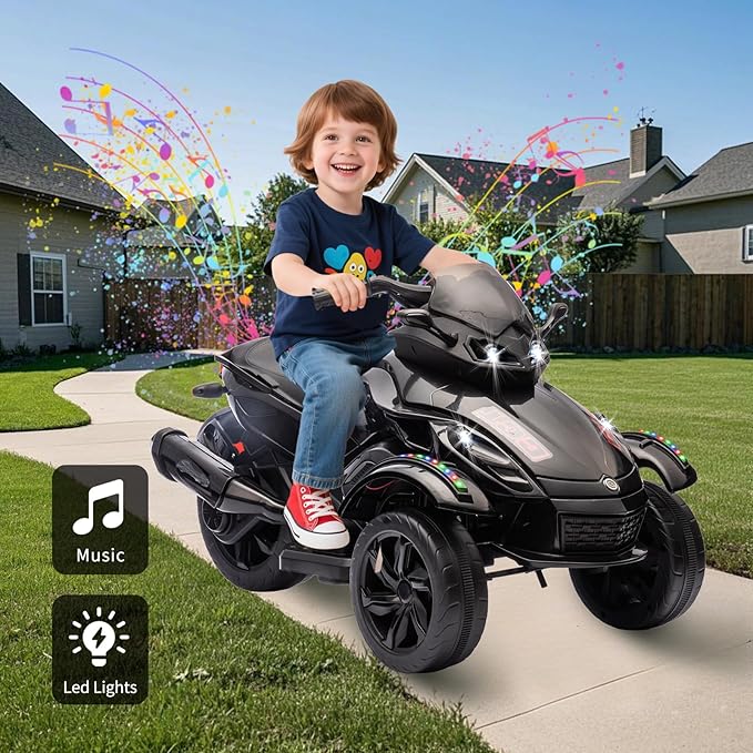 Xinyonxin 12V Kids Electric ATV, 3-Wheeler Motorcycle Ride on Toys for Toddlers w/Music, LED Lights, USB, One-Button Start, Forward/Reverse, Electric All-Terrain Car, Gift for Age 3+ (Black)