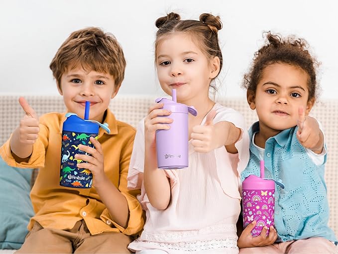 Fimibuke Kids & Toddler Cups, 10 OZ Spill Proof Straw Cups for Toddlers, 2 Pack Leak-Proof Kid Insulated Tumbler with Screw-On Lid & Silicone Straw with Stopper, Stainless Steel Sippy Cup for Girl Boy