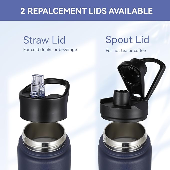 HASLE OUTFITTERS Insulated Water Bottle 16 oz Double Wall Vacuum Stainless Steel Water Bottle Leak Proof for School Wide Mouth with Straw Lid & Spout Lid Keeps Cold and Hot(Navy,4pack)