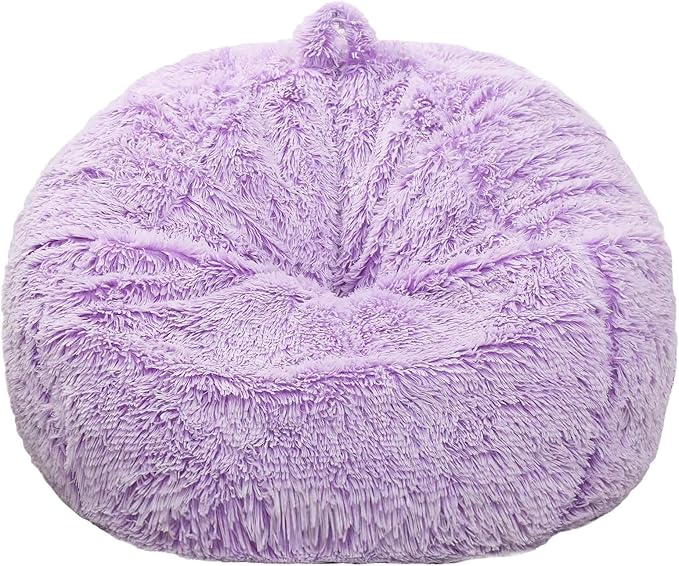 Fluffy Bean Bag Chair for Kids, 2.5FT Round Memory Foam Filled Bean Bag for Teens & Kids, Ultra Soft Faux Fur Fabric Bean Bag Chairs for Playroom, Living Room, Bedroom, Lavender