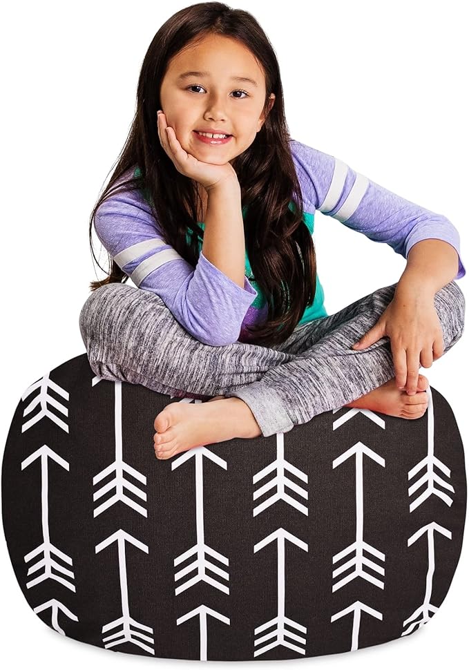 Posh Creations Kids Stuffed Animal Storage Bean Bag Chair Cover - Childrens Toy Organizer, Medium-27in, Canvas White Arrows on Gray