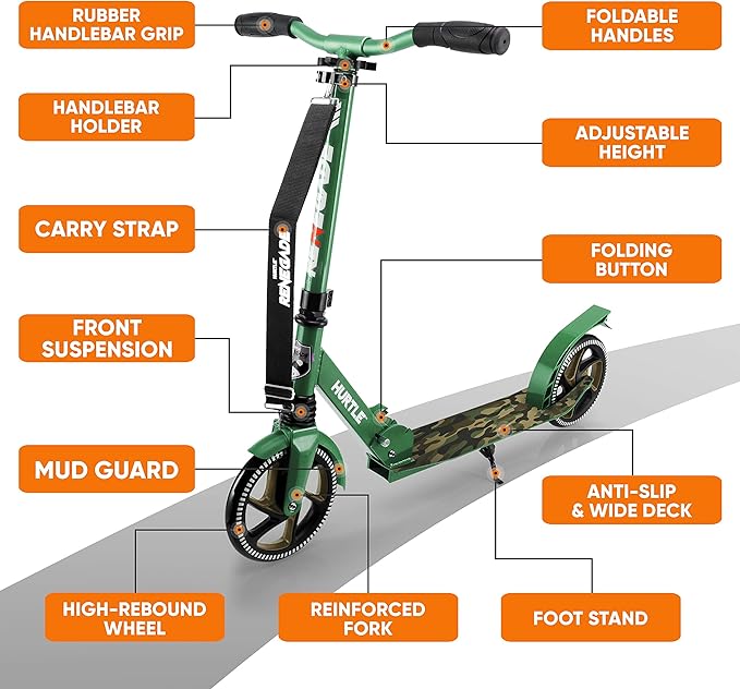 Hurtle Renegade Kick Scooter for Kids, Teenagers & Adults - 2-Wheel Folding Scooter with Adjustable T-Bar Handlebar - Alloy Anti-Slip Deck
