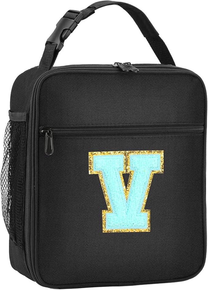 Initial Insulated Lunch Bag, Lunch Box with Initial Letter Patch for Teen Adult, Reusable Lunch Bag for Men Women, Ideal Back to School Gift Birthday Gift, Blue V