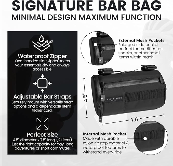 Signature Bar Bag – Midnight Black | Hard-Shell Bike Handlebar Bag with Waterproof Zippers & Adjustable Straps | Lightweight Bicycle Handlebar Bag, Compatible with Road, Gravel & MTB Bikes