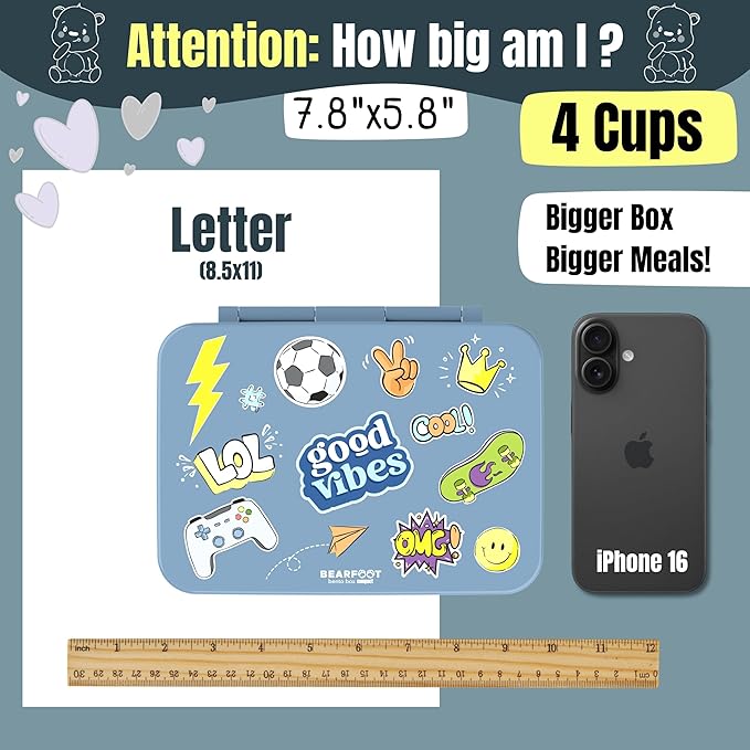 BEARFOOT Kids Lunch Box with Compartments – Compact & Lightweight | Leak-Proof, BPA-Free, Dishwasher & Microwave Safe | Hand-Drawn Design for Preschool, School, Travel (Sticker Blue, 4 Cups)