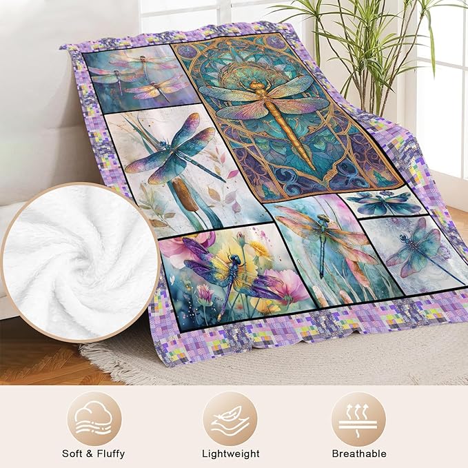 Dragonfly Throw Blanket for Women, Dragonflies Decor Fleece Blanket Gifts for Boys Girls, Warm Cozy Soft Flannel Stuff for Bed Sofa Couch 80" x 60"