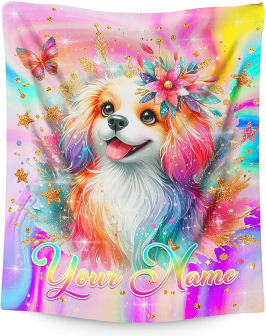 Personalized Blanket for Girls, Dog Throw Blanket Gift for Kids Teens Adults, 50"x40" Custom Name Cozy Flannel Blankets for Couch Sofa Bed Bedroom Decor Travel