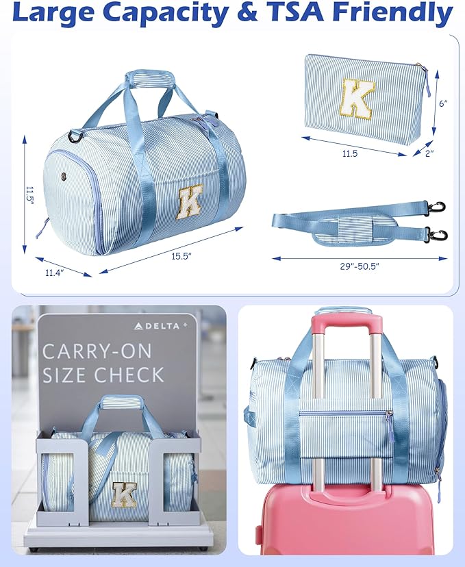 Girl's Fashion Stuff, Girls Travel Duffle Bag, Kids Initial Overnight Bags with Shoe Compartment, Customized Weekender Bag with Makeup Pouch, Gift Ideas for Daughter Niece Sister (Letter W)