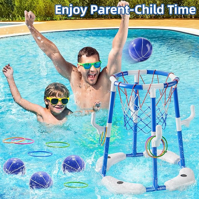 Swimming Pool Basketball Hoop Toy for Kids 2 3 4 5 6 Years Old - Floating Pool Basketball Game Toys with 4 Balls Air-Pump, Outdoor Play, Poolside Summer Water for Boys Girls Age 4-8-12(Blue)