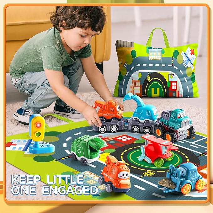 Big Cartoon Truck Car Toys for 1 Year Old Boy with Playmat/Storage Bag|Baby and Toddler Toys 12-18 Months & Age 1-2 with Trailor|1st Birthday Gift for 1 2 Year Old Boy
