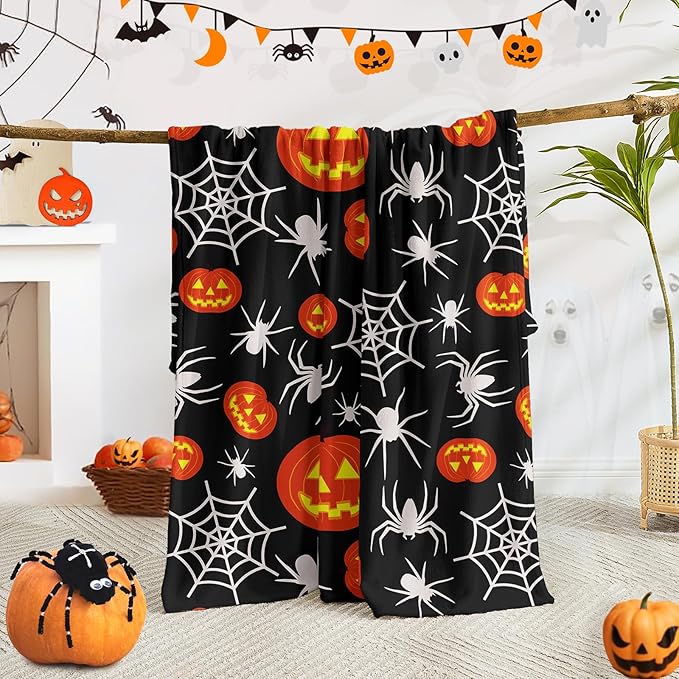 Wajade Spider Web Throw Blanket Halloween Black Blanket, Halloween Spider Web Pumpkin Velvet Fleece for Sofa Bed Couch Chair Dorm 50" x 60"