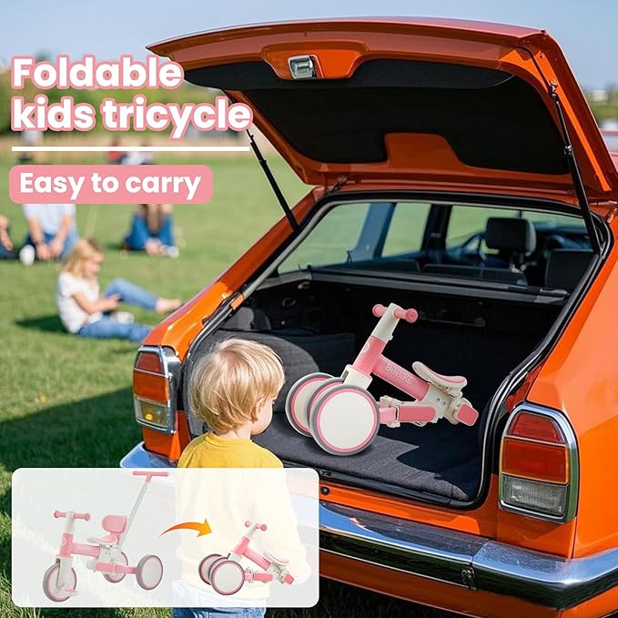 5-in-1 Tricycle for Toddlers 18 Months to 5 Years Old, Toddler Bike, Kids Tricycle with Push Handle and Backrest, Toddler Balance Bike with Easy Assembly for Boys and Girls.(Pink)