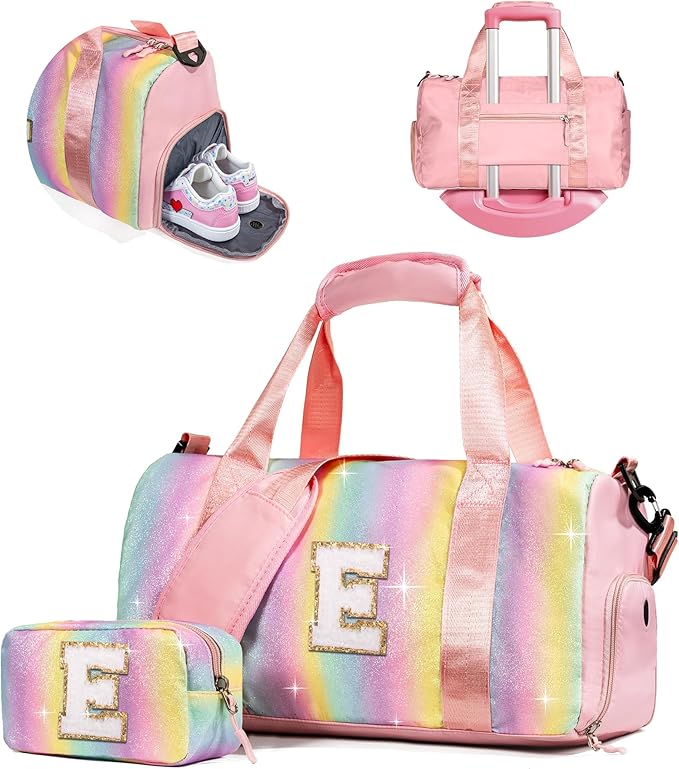 Birthday Gifts for 4 5 6 7 8 9 10 11 12 13 Year Old Girls-Christmas Gifts for Kids-Girl Gym Bag with Shoe Compartment, Kid Dance Bags Makeup Pouch, Preppy Things for Girl Gifts (Letter E)