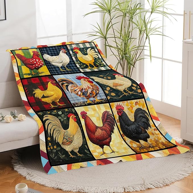 Rooster Blanket, Chicken Throw Blanket, Farmhouse Rooster Gifts Blankets Stuff Fleece Flannel Plush for Women Men Boys Girls Lovers Adults Soft Bedding Gift for Sofa Bed Office Home Decor 80"x60"
