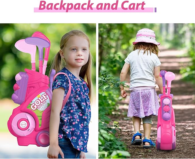 Liberry Toddler Golf Set for 1 2 3 4 Years Old, Upgraded Kids Golf Cart with Unique Shoulder Strap Design, Indoor and Outdoor Golf Toys for Boys Girls (Pink)
