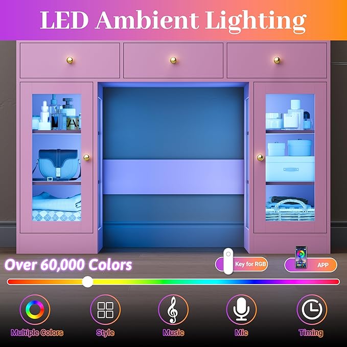 Makeup Vanity with Mirror and Lights, 43'' Wide Dressing Table with Storage Drawers, Open Shelves & Power Outlet, Vanity Desk with RGB Cabinet & Glass Top for Girls Bedroom, Living Room, Pink