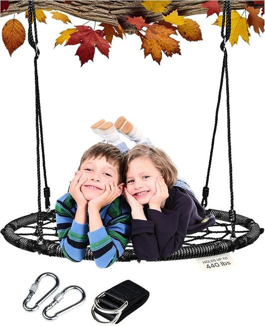 PLAYVIBE Spider Web Tree Swing - 40-Inch Black Saucer - 440 lb Capacity & 900D Oxford Waterproof Fabric - Heavy-Duty Steel Frame & Hanging Straps - Outdoor Swing Set Accessories - for Toddlers