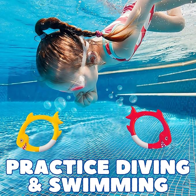 4-Pack Shark Dive Rings – Sinking Swimming Pool Toys for Kids, Toddlers, Boys & Girls | Colorful Underwater Fish Rings for Diving Pool Games, Swim Training, Beach & Bath Play