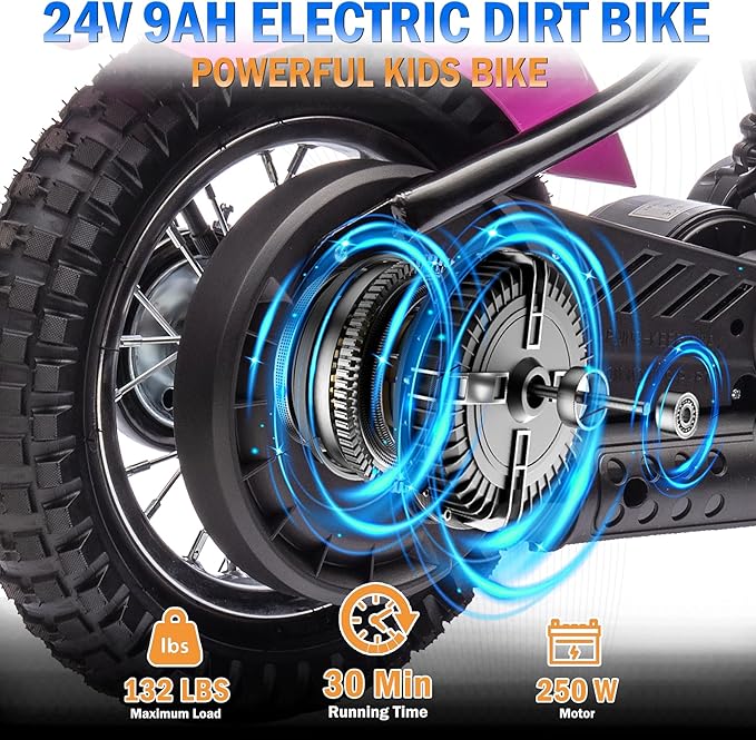 24V 9AH Electric Dirt Bike for Kids, 250W Strong Motor 13.6MPH Fast Speed Electric Retro Off-Road Motorcycle, Leather Seat Dirt Bike, LED Lights, Air-Filled Tires, Pink
