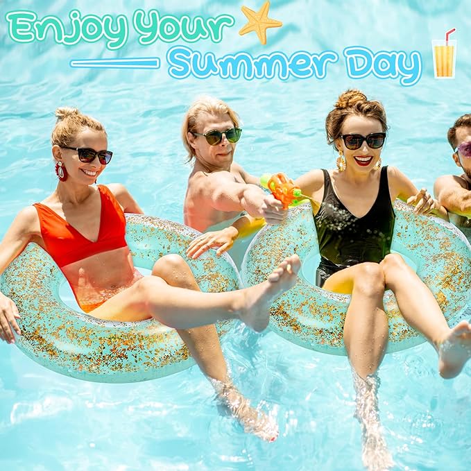 ShinyRelief 4 Pcs Inflatable Glitter Pool Float 30'' Macaron Swim Tube with Gold Confetti Swim Inner Tube for Adults Pool Floats Rings for Summer Beach Swimming Pool Bachelorette Party