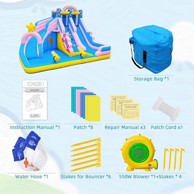 TOAOB Inflatable Water Slide: 6 in 1 Bounce House Water Park for Kids - Climbing Wall Splash Pool 2 Water Cannon 2 Slide Basketball Rim - 550W Blower - for Outdoor Backyard Birthday Party
