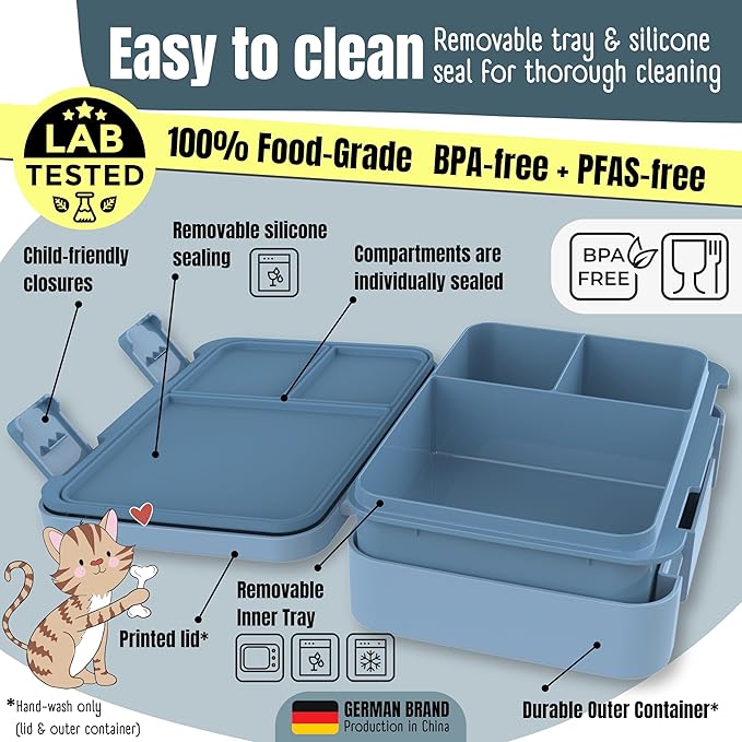 BEARFOOT Kids Lunch Box with Compartments – Compact & Lightweight | Leak-Proof, BPA-Free, Dishwasher & Microwave Safe | Hand-Drawn Design for Preschool, School, Travel (Sticker Blue, 4 Cups)